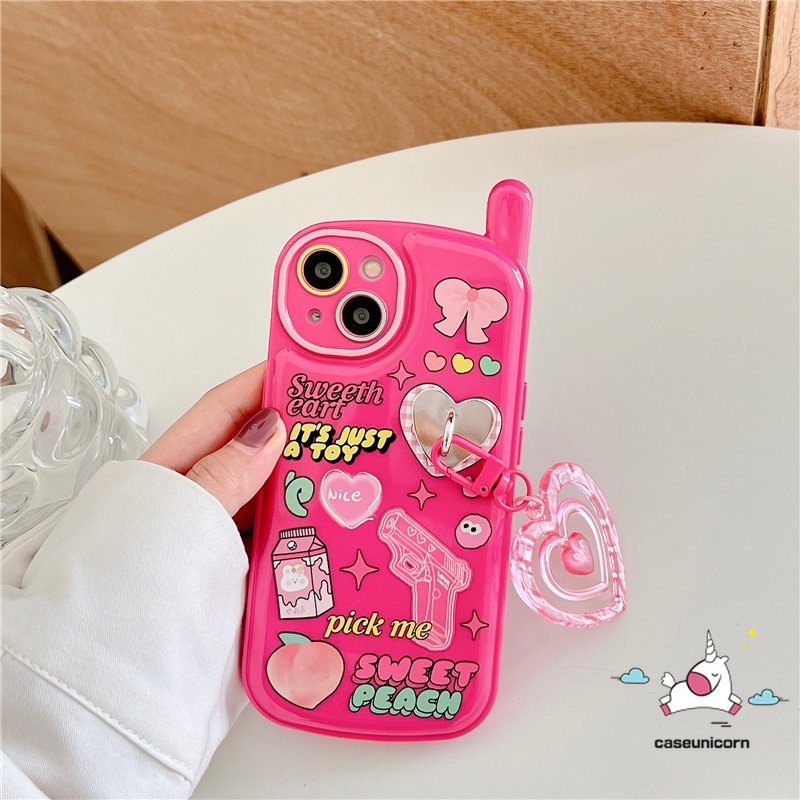 IPHONE Casing Bentuk Ponsel Ponsel Retro Personal Kompatibel Untuk Iphone11 14 13 12 Pro Max7 8 Plus XR X XS MAX SE Kartun Graffiti Stiker Soft Cover Dengan Hiasan Liontin Cinta Hati