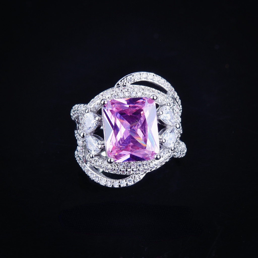 Goldkingdom Fashion Perhiasan Aksesoris Ready Stock Tiktok Hidup Desain Industri Berat Caibao Cincin Berlian Tangan Hias Argyle Pink Berlian Putri Square Diamond Wrapped Ring