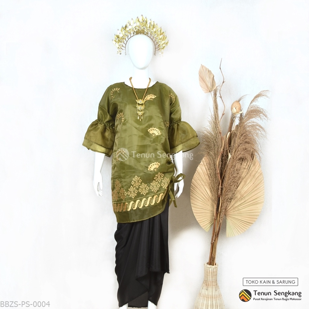 Baju Bodo Organza Modern Sulam Bugis Makassar Lengan Panjang Hijau Army - Tenun Sengkang BBZS-PG-0004 (Harga per Pcs)