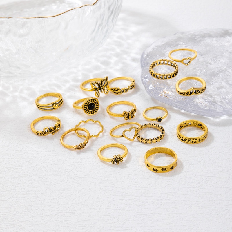 17pcs/set Vintage Kupu-Kupu Cinta Hati Bunga Cincin Untuk Wanita Kepribadian Lebah Asimetris Pesta Perhiasan Aksesoris