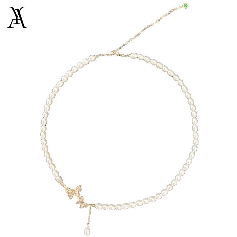 AY(CN) Kalung Choker Rantai Klavikula Desain Kupu-Kupu Aksen Kristal Mutiara Untuk Wanita