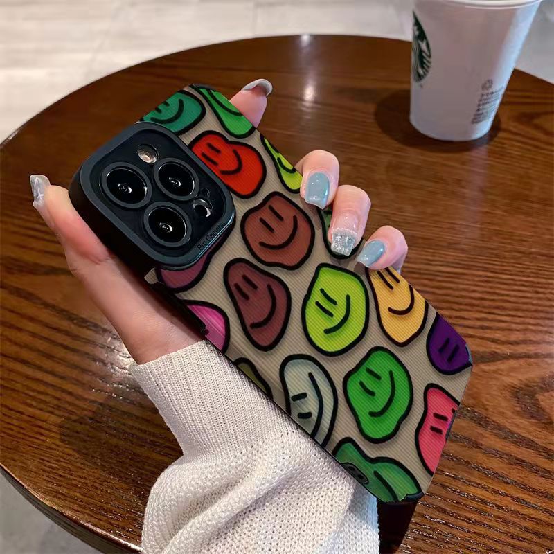 【Lamb Skin】Vertical Grain Soft Case for IPhone 6S 7 Plus 8 Plus X XS XR XS Max 11 13 12 14 PRO Max 14 Plus 12 13 Mini Fashion Twisted smiling face Colorful