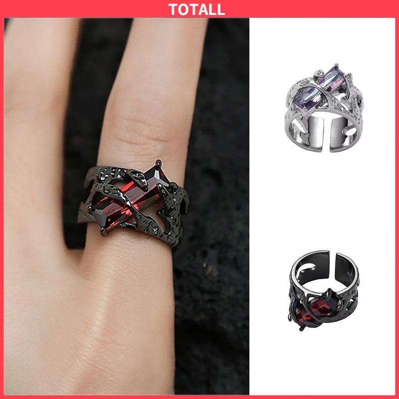 COD Cincin Retro Desain Geometris Merah Kepribadian Wanita Cincin Logam Tekstur Berongga Punk-Totall