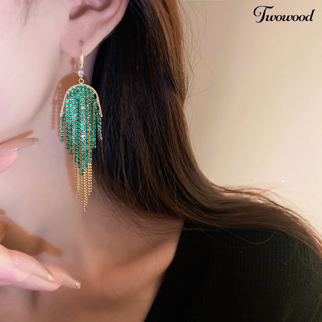 Twowood 1pasang Anting Panjang Glitter Perhiasan Statement Geometris Gaya Bohemian Warna-Warni Hias Berlian Imitasi Anting Rumbai Untuk Perjamuan