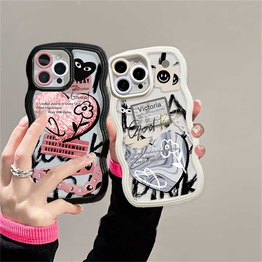 IPHONE Case Untuk Iphone14 14 Pro MAX IPhone13 Pro MAX 11PRO 11PRO MAX 12 12Pro MAX XR XS Max6 6S 7 8 Plus SE 2020 Doodle Pink Love Dan smiley notes Wave Edge TPU Case DGX