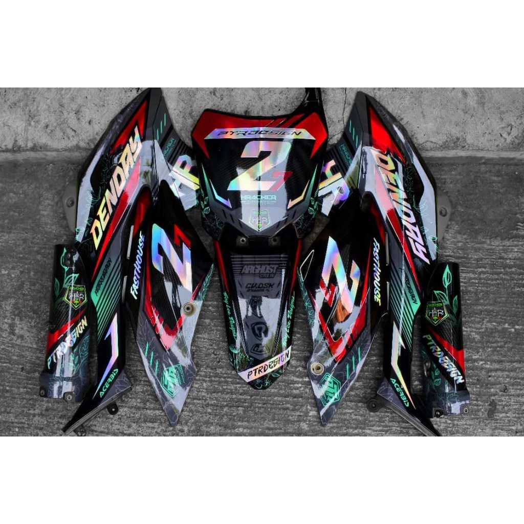 MJ 0520 sticker decal fullbody klx 150 bf kombinasi merah nyala + hologram pelangi bebas requs