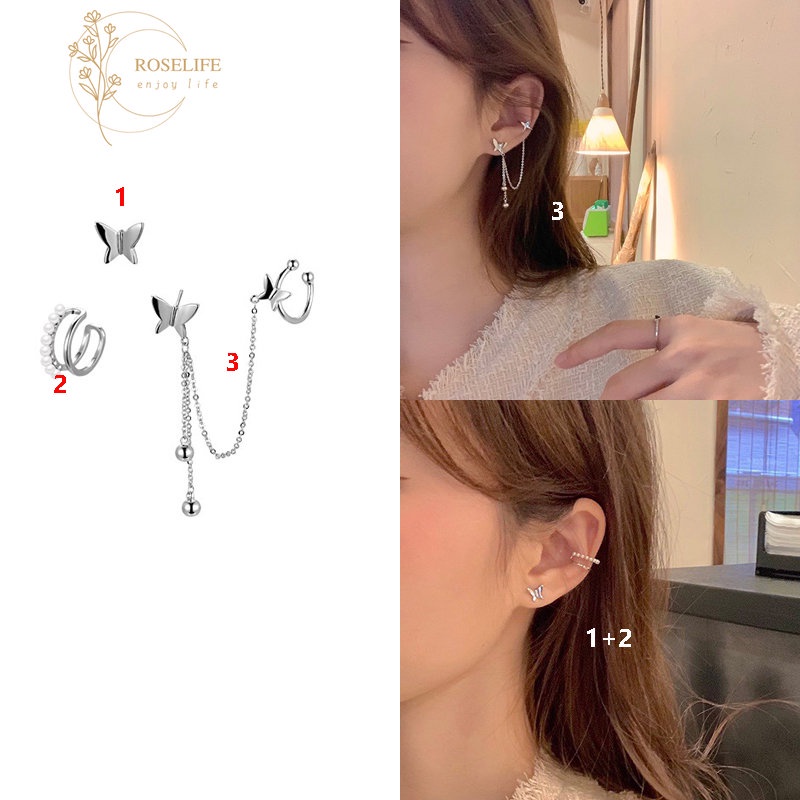 Roselife 3 Pcs/Set Perak Rumbai Rantai Kupu-Kupu Klip Anting Untuk Wanita Gadis Chic Mutiara Non Piercing Cuff Earring Perhiasan Tulang Telinga