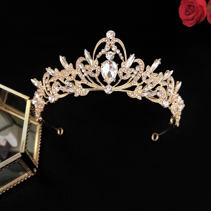 Baroque Emas Champagne Kristal Hati Tiara Pengantin Mahkota Berlian Imitasi Kontes Diadem Kerudung Tiara Bando Aksesoris Rambut Pernikahan