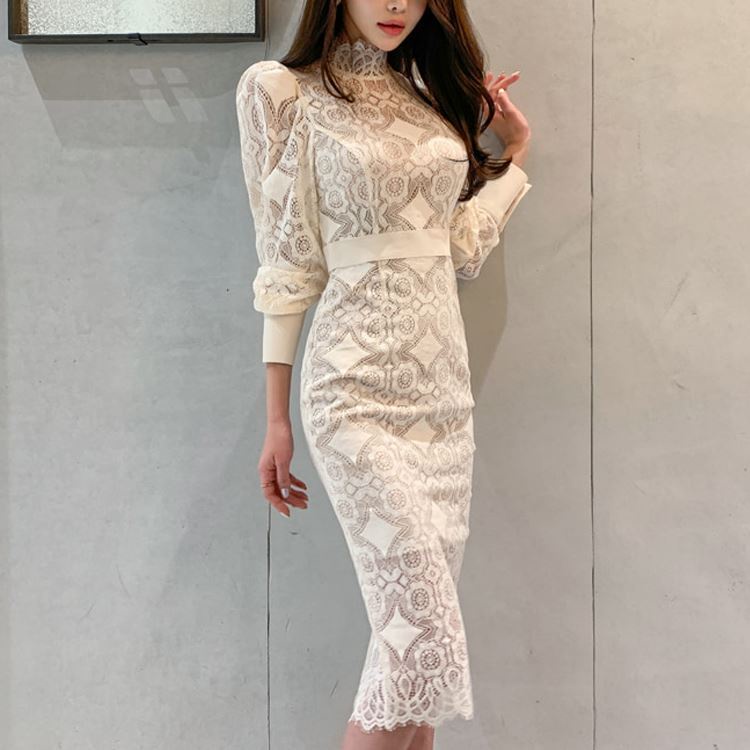 Women's new sexy lace cut out midrange dress