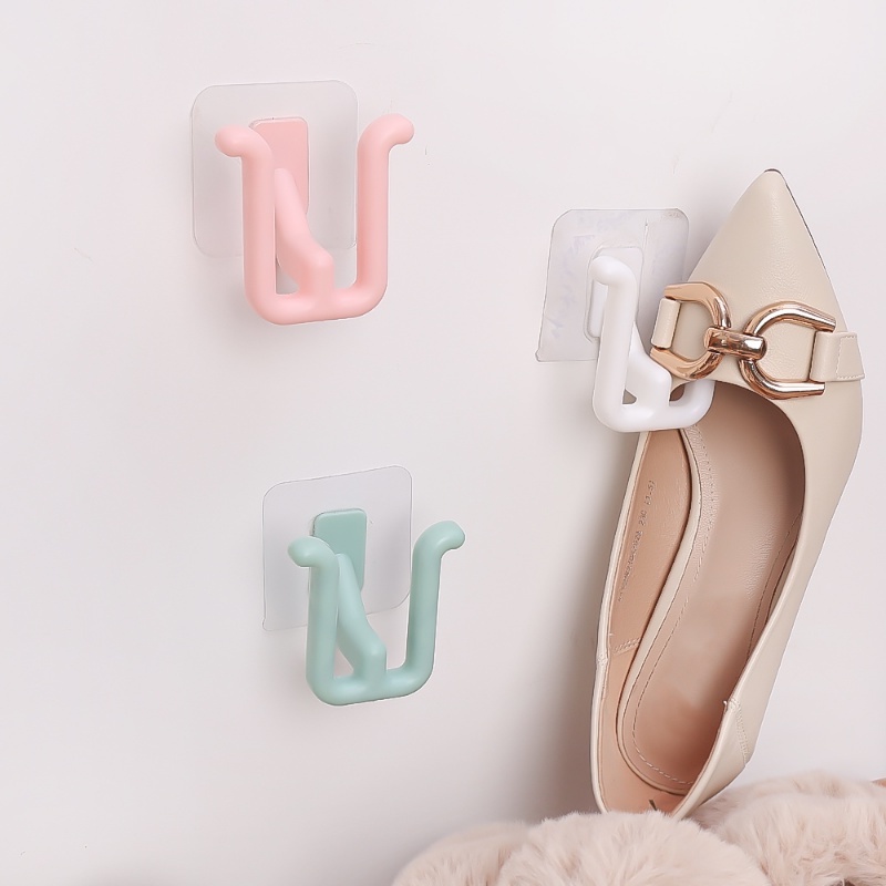 Rak Saluran Sandal Tempel Dinding Barang Hemat Tempat Finishing Rak Bantalan Kuat Organizer Alat Handuk Kalung Kunci Holder Dua Slot Sepatu Hook Gantung