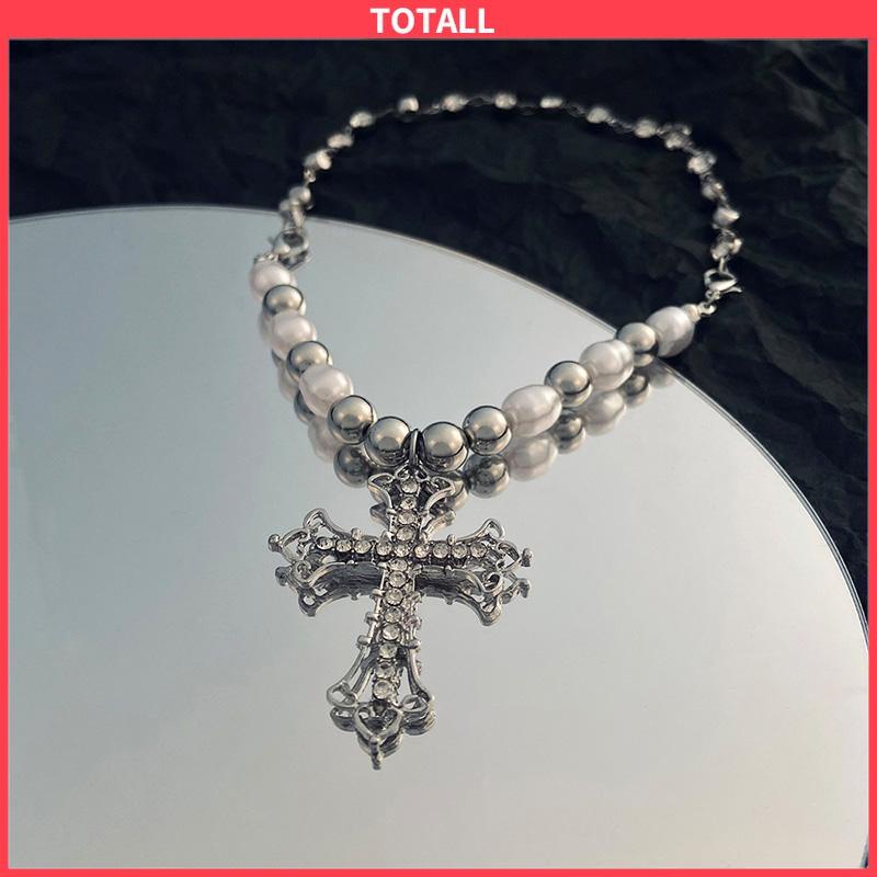 COD Kalung Alloy Vintage Pearl Cross Pendant Punk Sweter Serbaguna Wanita-Totall