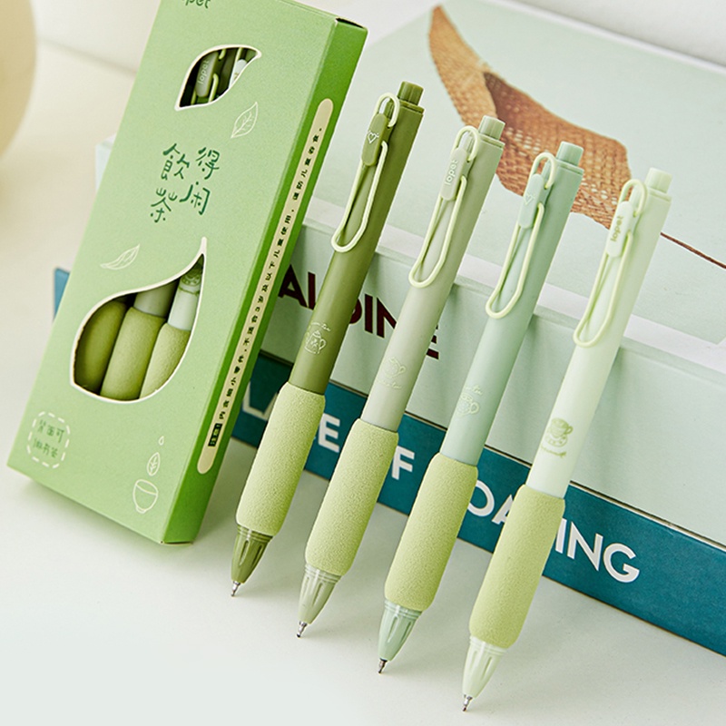 4pcs Kotak 0.5mm Seri Matcha Pena Ditarik Siswa Portabel Tinta Hitam ST Nib Gel Pen