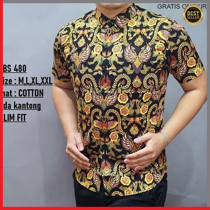 KEMEJA PRIA BATIK LENGAN PENDEK HEM BAHAN KATUN HALUS 40S LBS 480 BAJU MODERN MEWAH SLIMFIT SLIM FIT BY  JAKARTA