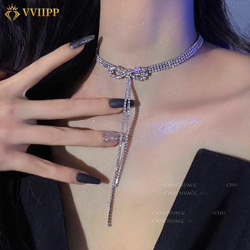 Kalung Rumbai Busur Berkilau Choker Rantai Silver Klavikula Kristal Untuk Aksesoris Perhiasan Wanita