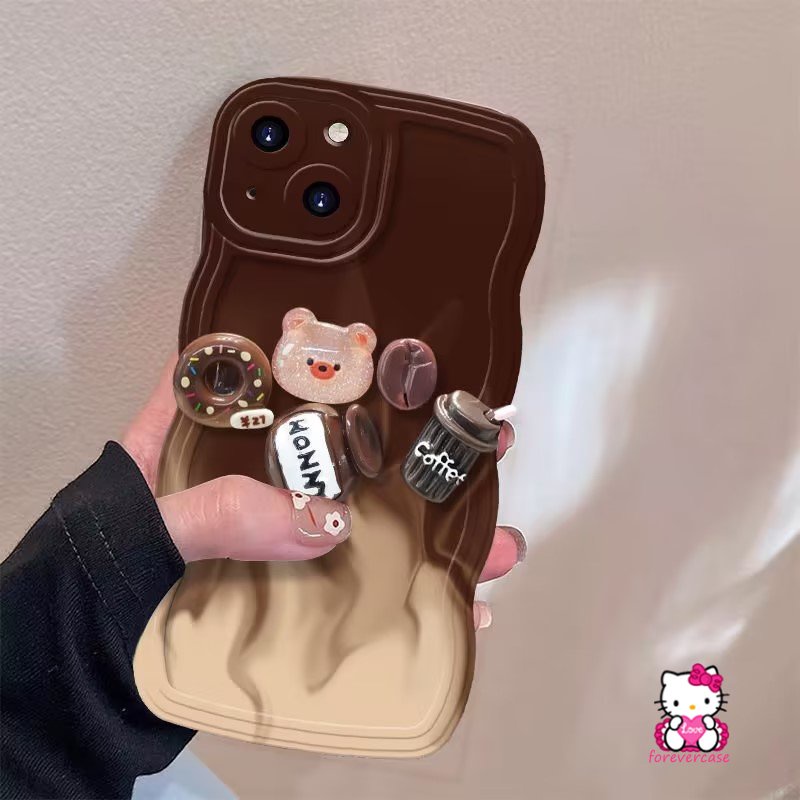 IPHONE Casing Pinggiran Bergelombang Coklat Gradasi Kompatibel Untuk Iphone7 8 Plus XR 11 12 13 14 Pro Max 6 6s X XS Max14 Plus SE 2020 Mainan Kartun 3D Lucu Beruang Kopi Donat Lembut TPU Cover