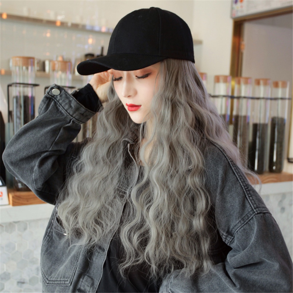 Korea Wig Panjang Topi Baseball One-piece Curly Wig Wanita Perempuan Besar Bergelombang Ekstensi Rambut 65cm