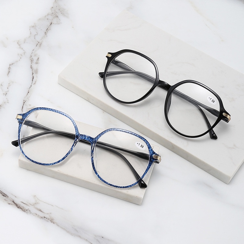 (YUZHU) Kacamata Baca Cetak Bingkai Bulat Fashion Korea INS Gaya Warna Permen Shimmer Halus HD Plus Eyeglasses