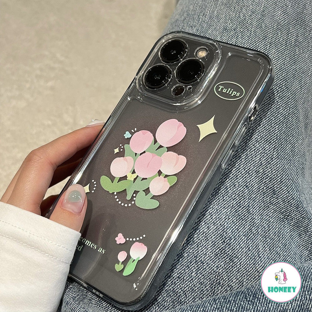 IPHONE Gadis Manis Bunga Tulip Pink Art Laser Retro Casing Ponsel Untuk Iphone14 13 11 12 Pro Max Xs Max XR 7 8 Plus ​Case Cute Lembut Cove