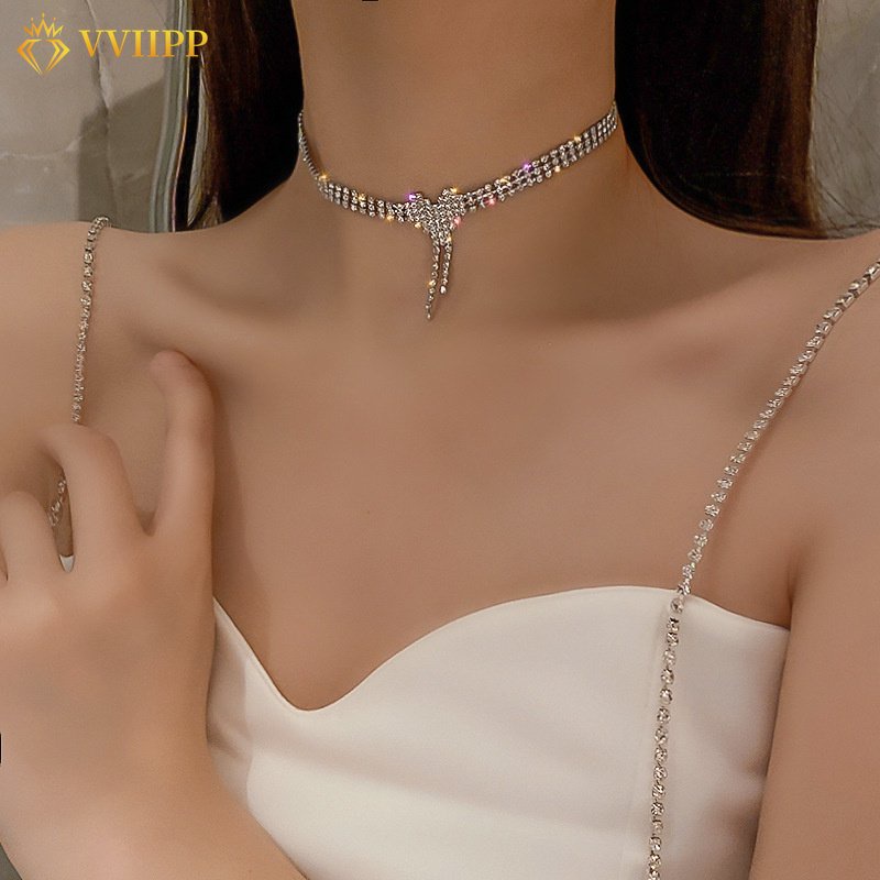 Kalung Kristal Hati Choker Rantai Klavikula Rumbai Silver Untuk Aksesoris Perhiasan Wanita