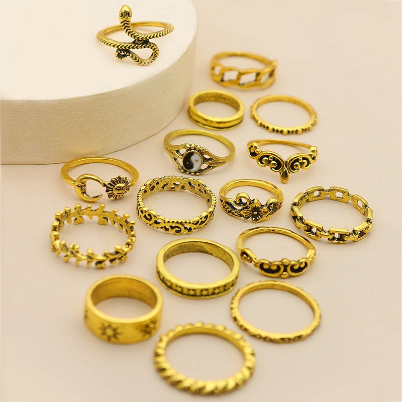 16pcs/set Retro Matahari Bulan Bunga Cincin Set Untuk Wanita Taichi Yinyang The Eight Diagrams Snake Ring Party Jewelry