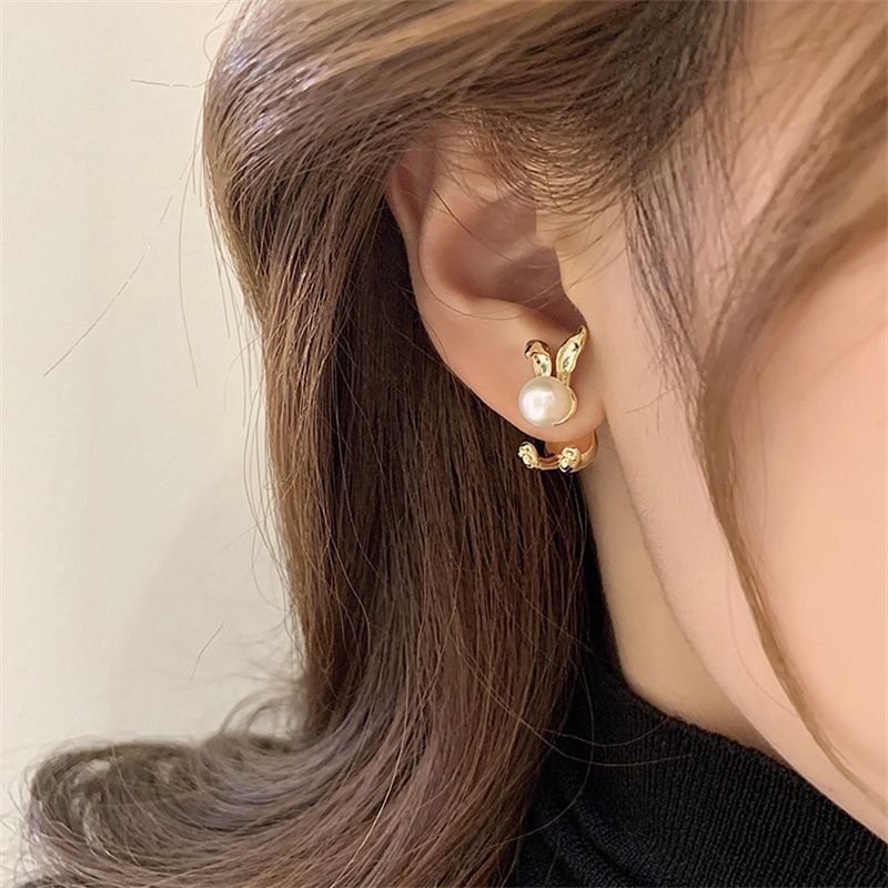 Korea Mutiara Kelinci Stud Earring/Berlian Imitasi Elegan Flash Diamonds Alloy Earrings/Perhiasan Pesta Pernikahan Wanita Sederhana