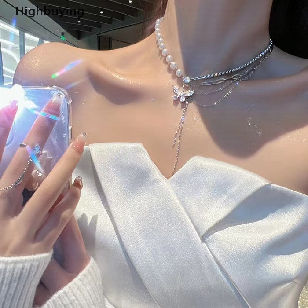 Hbid Kalung Kupu-Kupu Kristal Mengkilap Kalung Rantai Klavikula Mutiara Multi-layer Yang Indah Untuk Wanita2022 Tren Perhiasan Aesthetic Glory