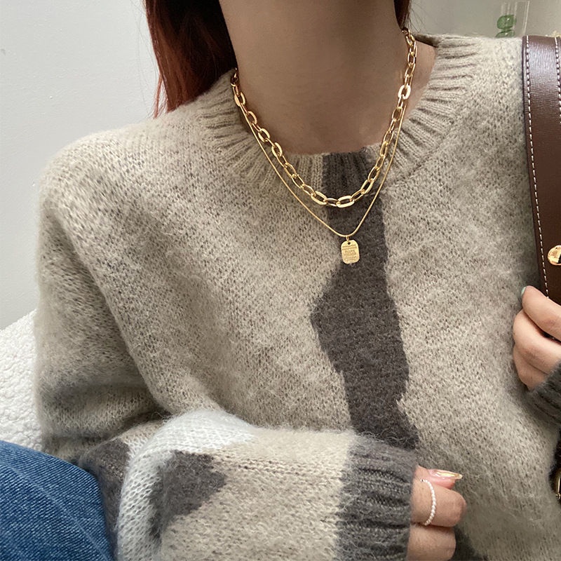 Korea Sederhana Double-layer Kalung Untuk Wanita Emas Persegi Liontin Kalung Lipat Dilepas Sweater Rantai Perhiasan Hadiah