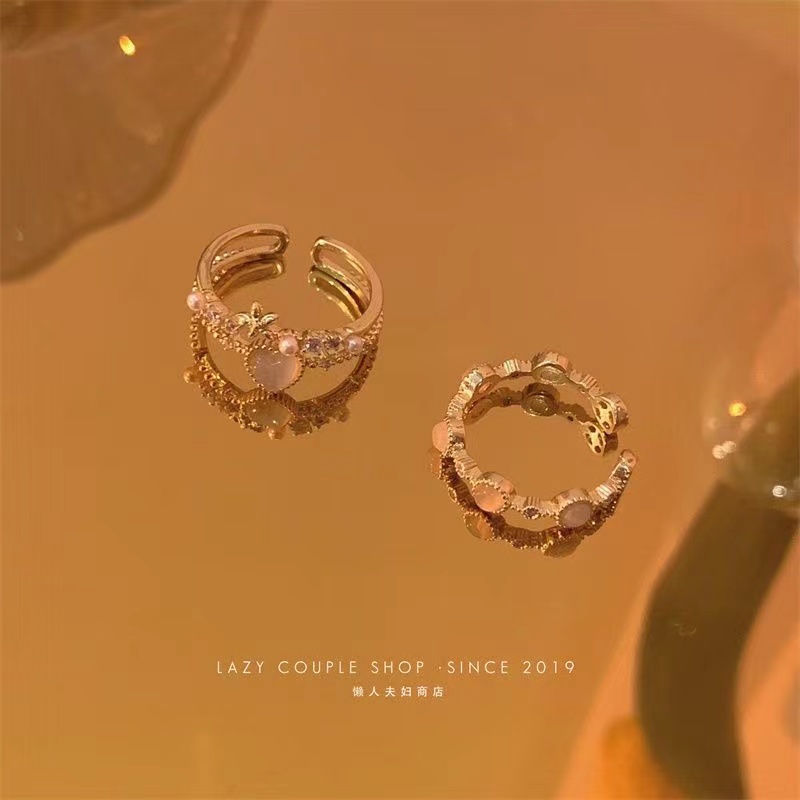 IFYOU Cincin Opal Kristal Manis Zirkon Hati Double Adjustable Rings Untuk Aksesoris Perhiasan Wanita