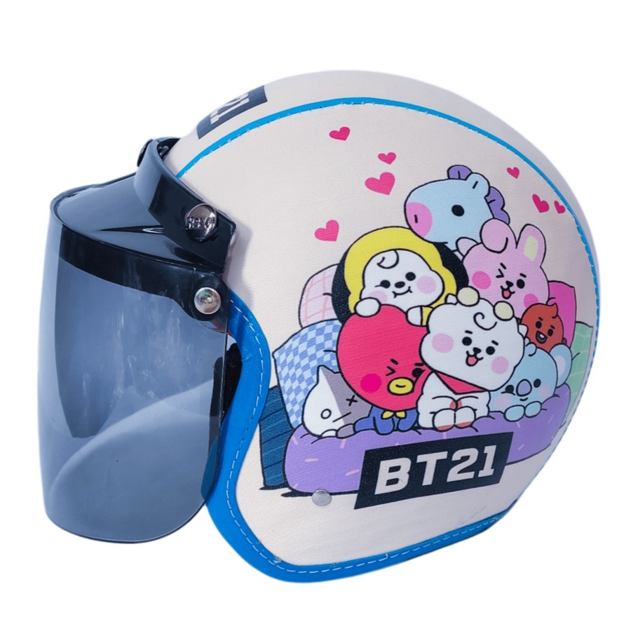 Helm Anak Bogo Retro Usia 2 3 4 5 6 Tahun Full Kulit Printing Bts Bt21 Lucu Imut Pink Cream Kaca Flat Datar