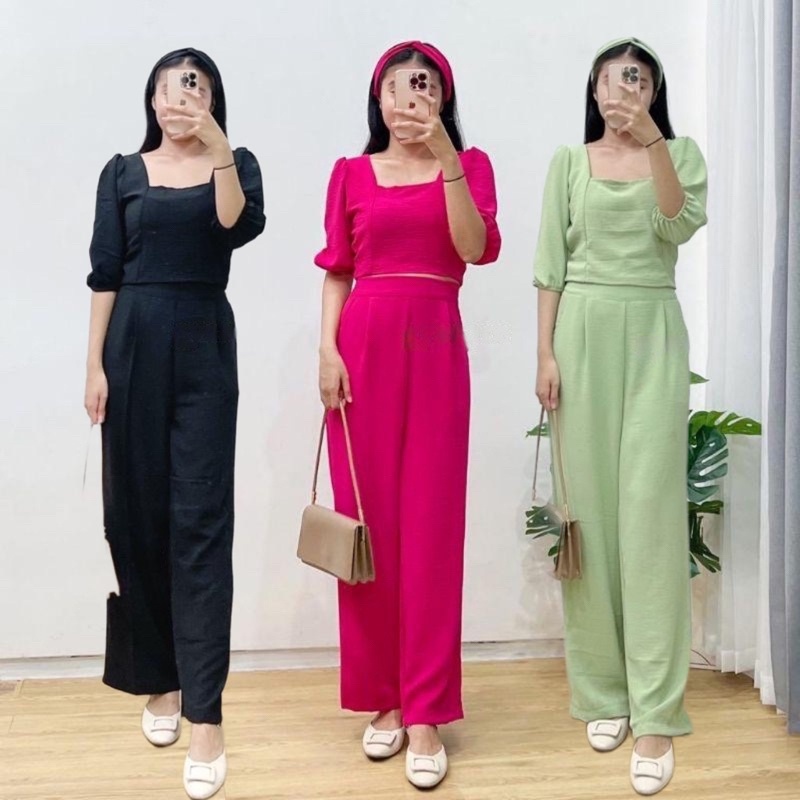 BEFAST - ZRD ONESET WANITA LISA / SETELAN VERONICA CROP TOP / Oneset Wanita Keluaran Terbaru / Fashion Kekinian Remaja ABG Trendy / Set Atasan Lengan pendek+Celana Panjang / Outfit Wanita Modis / Oneset Casual Wanita / Terlaris