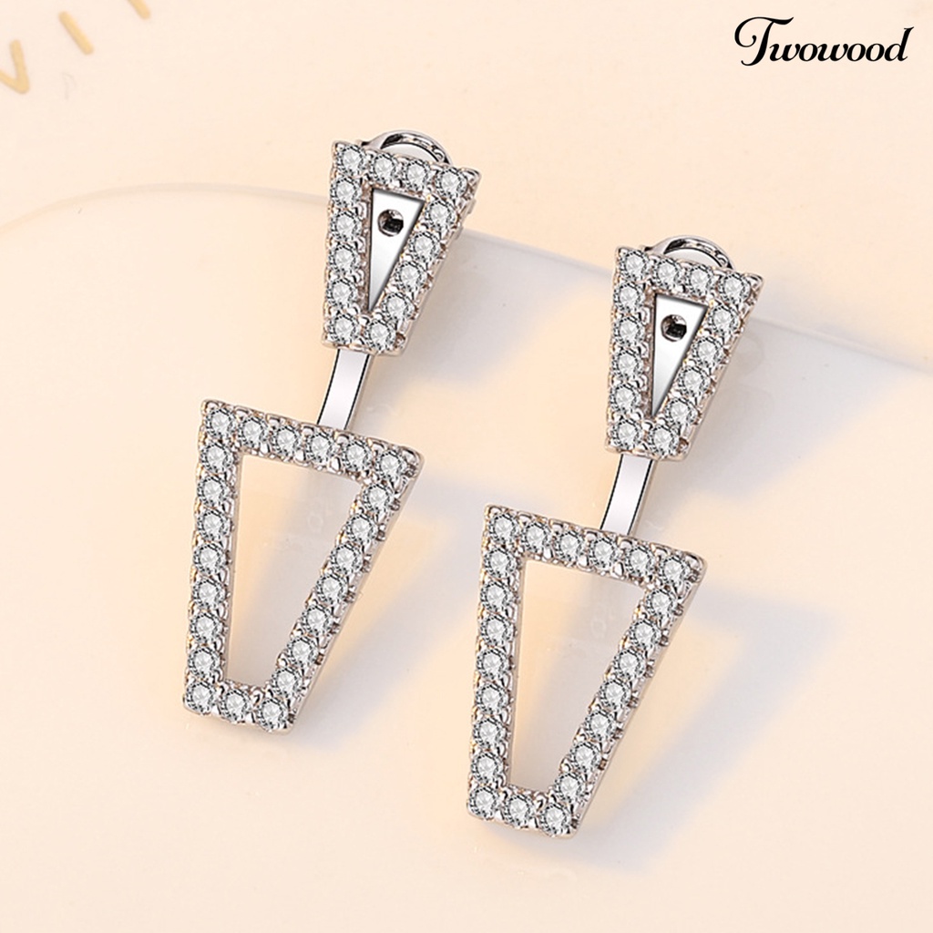 Twowood 1pasang Anting Tusuk Dual Wearing Ways Geometri Hadiah Warna Silver Berlian Imitasi Mengkilap Wanita Earrings Untuk Pacaran