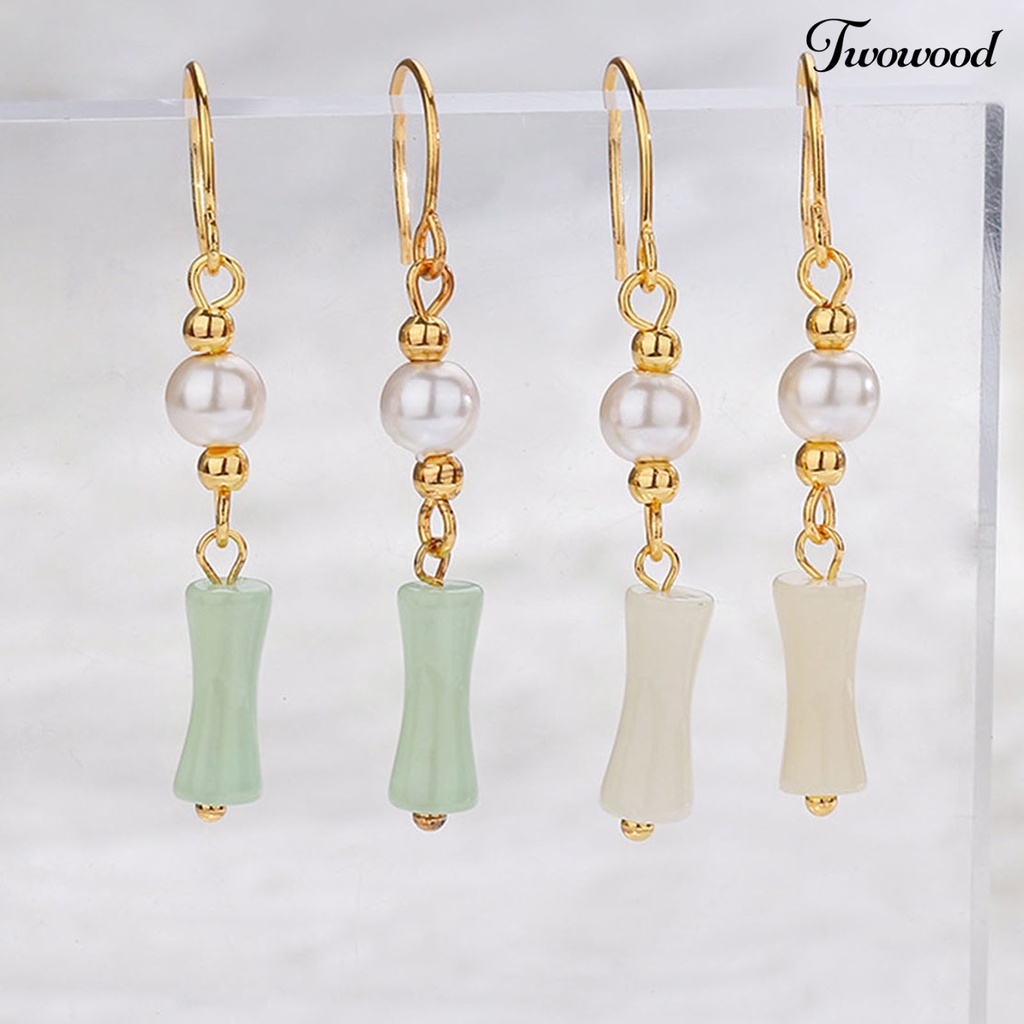 Twowood 1pasang Anting Menjuntai Manik-Manik Mutiara Imitasi Gaya Cina Faux Hetian Jade Bamboo Joint Hook Earrings Aksesoris Perhiasan