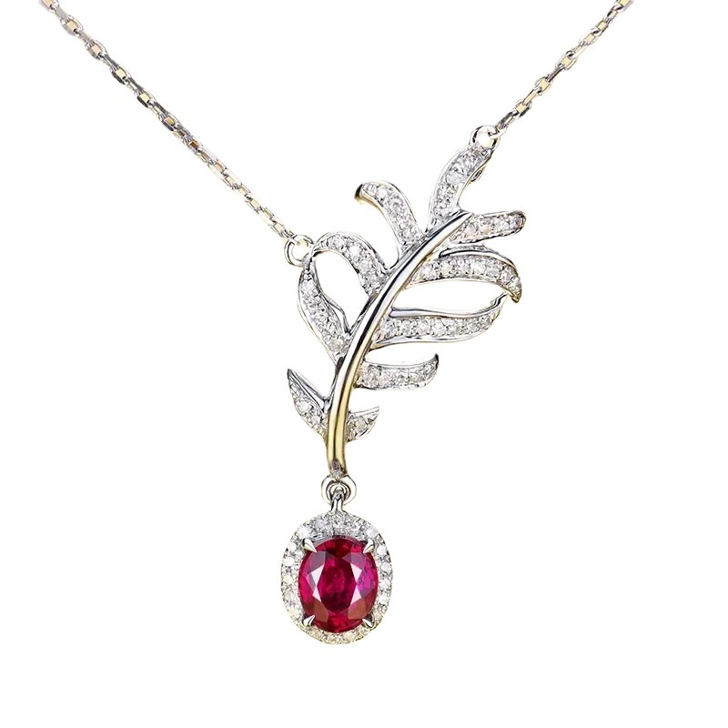 Goldkingdom Aksesoris Perhiasan Fashion Ready Stock Darah Burung Merpati Baru Ruby Rantai Berlapis Dengan Zirkon Hias Dengan Liontin Kalung Bulu Daun Pt950.