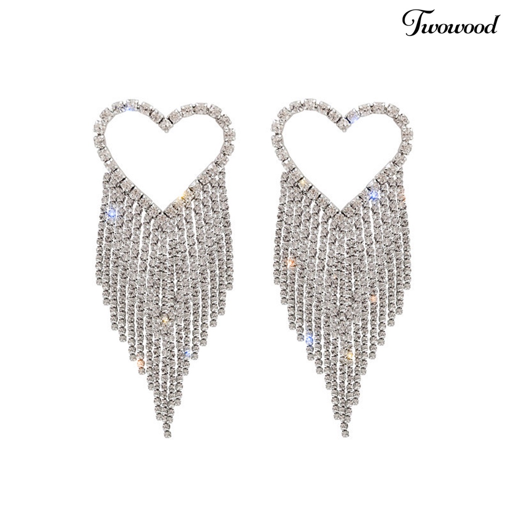 Twowood 1pasang Drop Earrings Bersinar Rumbai Panjang Glitter Semua Pertandingan Anti-Alergi Dekorasi Telinga Gaya Korea Temperamen Cinta Hati Penuh Berlian Imitasi Ear Studs Menjuntai Earrings