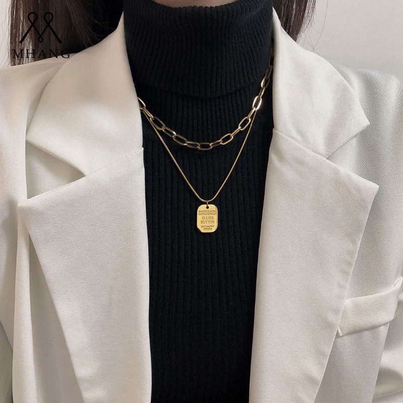 Korea Sederhana Double-layer Kalung Untuk Wanita Emas Persegi Liontin Kalung Lipat Dilepas Sweater Rantai Perhiasan Hadiah