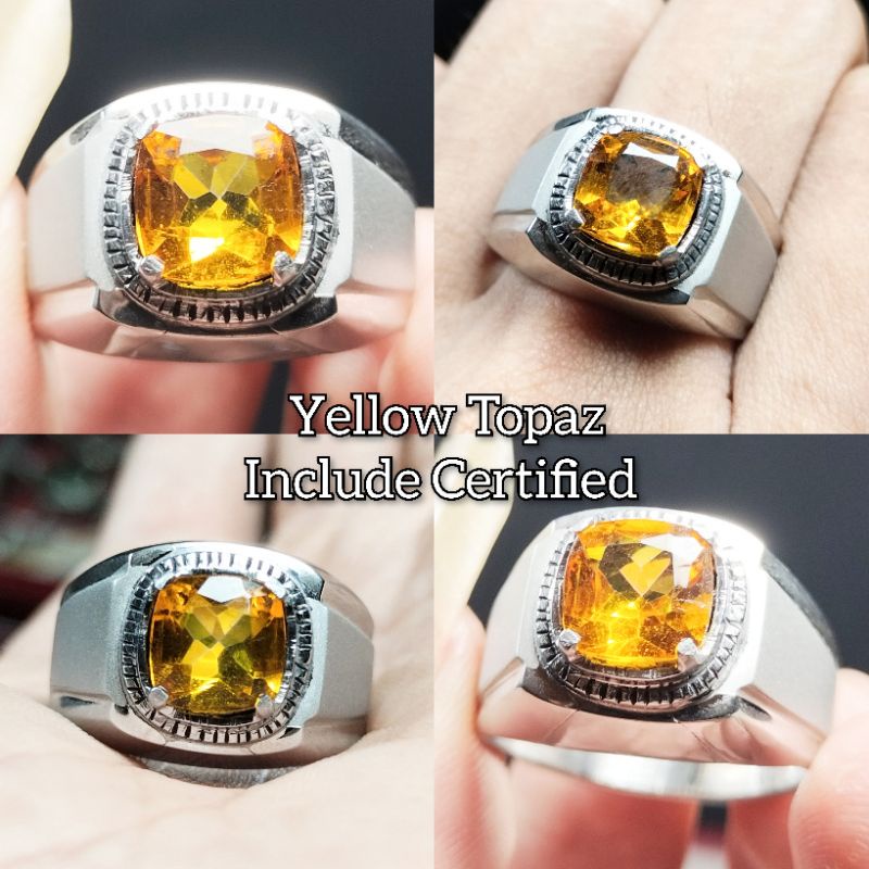 Cincin Batu Permata Yellow Topaz Ring Perak Monel
