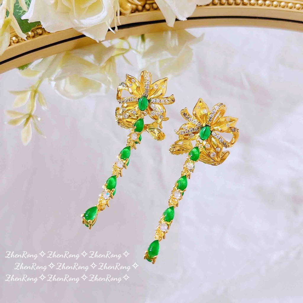 Goldkingdom Fashion Perhiasan Aksesoris Ready Stock Gaya Cina Baru Kecerdikan Rasa Canggih Dari Anting-Anting Zamrud Cerdas Perempuan Super Peri Busur Perancis Panjang Anting Rumbai