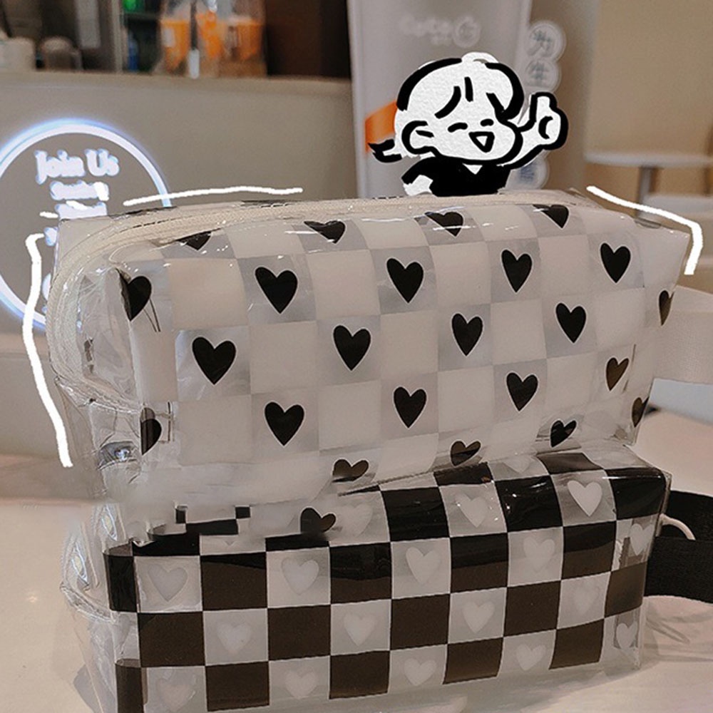 Tas Pensil Transparan PVC Summer Chic Clear Grid Dengan Kapasitas Besar Hitam Putih Checkerboard