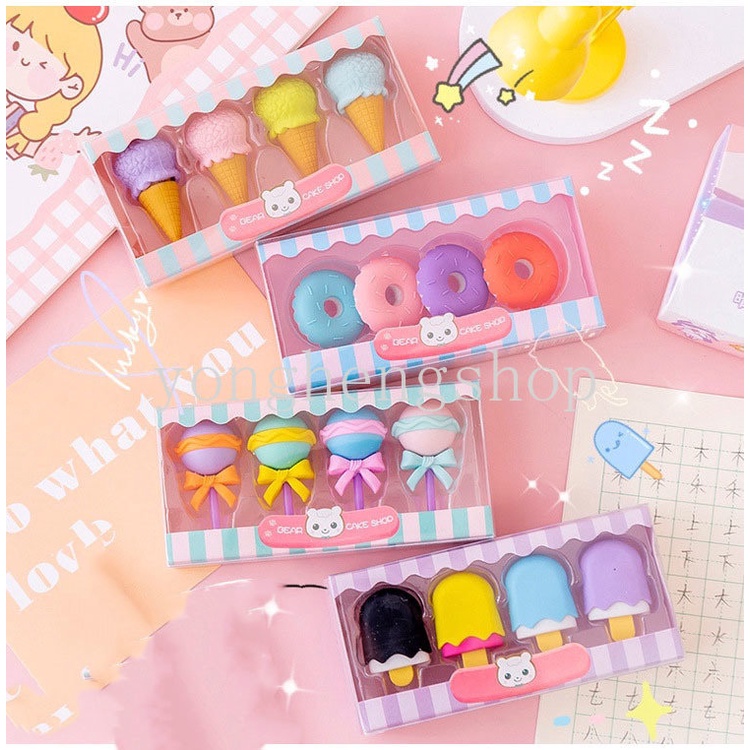 4pcs/set Kawaii Es Krim Donat Berbentuk Penghapus Lucu Mini Lolipop Pensil Karet Penghapus Mainan Anak Siswa Alat Tulis Hadiah Sekolah Koreksi Pasokan