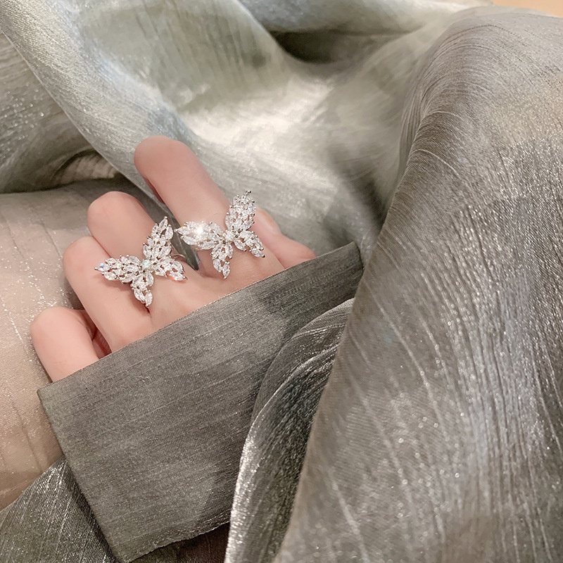 Goldkingdom Fashion Perhiasan Aksesoris Ready Stock Mewah Super Peri Zirkon Kupu-Kupu Terbuka Jari Telunjuk Cincin Ins Pasang Versi Korea Selebriti Internet Angin Dingin Cincin Wanita