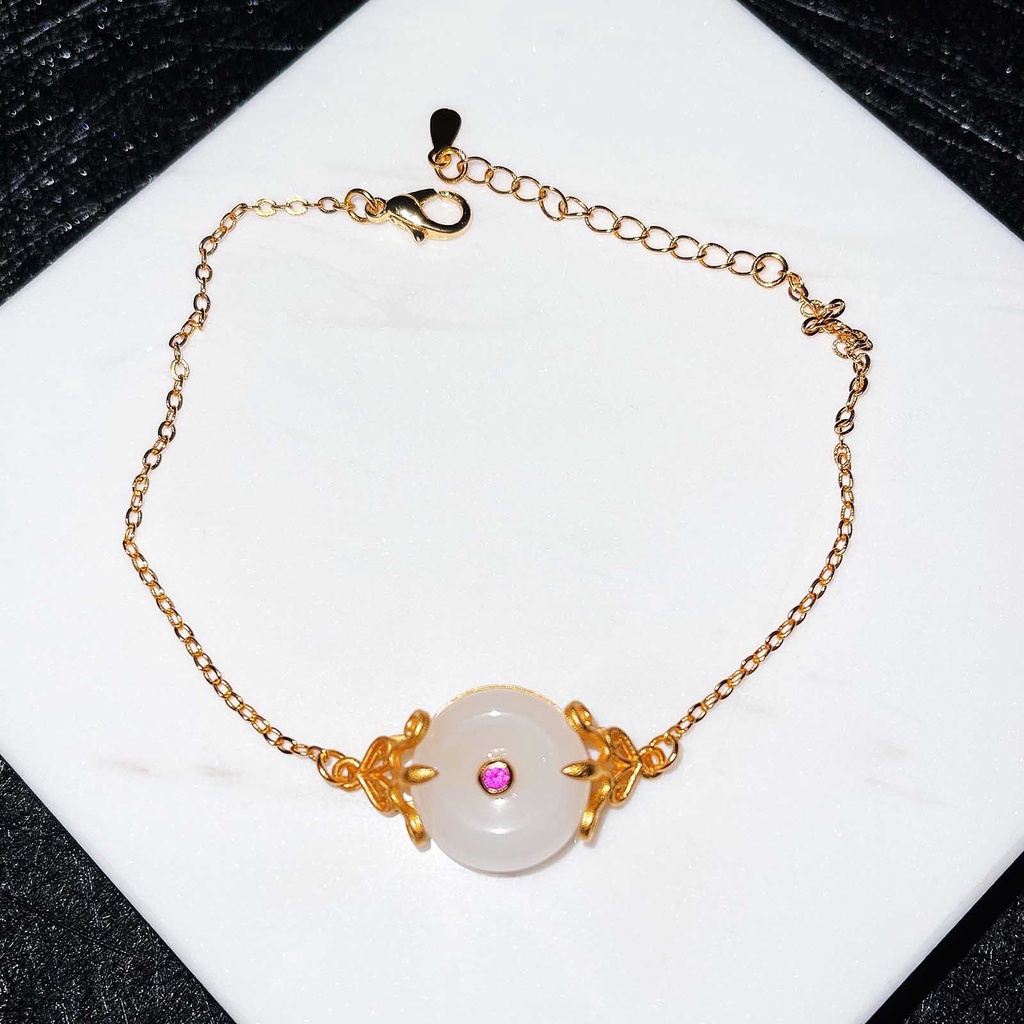 Goldkingdom Fashion Perhiasan Aksesoris Ready Stock Vintage Gaya China Klasik Pengadilan Teratai Gelang Imitasi Alami Hetian Giok Vietnam Pasir Emas Asli Kadar 375 Gold Gelang