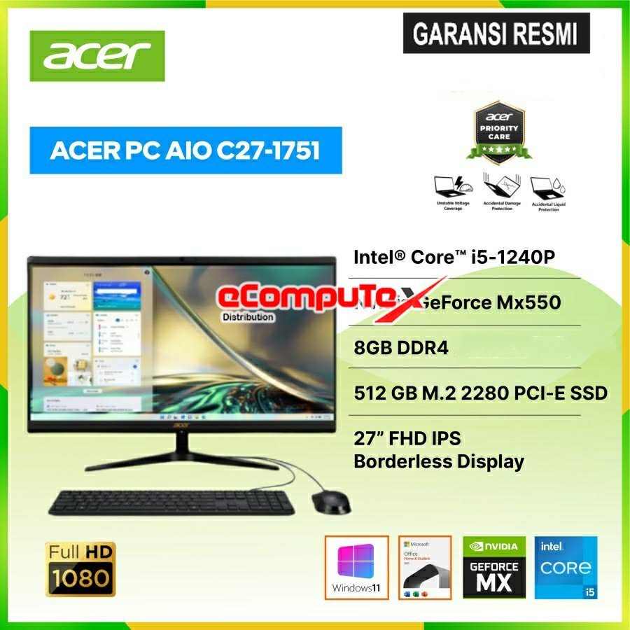 PC AIO ACER ASPIRE C27-1751 INTEL CORE GEN i7-1260P / NVIDIA GEFORCE MX550 2GB / RAM 8GB 512GB WIN11+OHS 27&quot; GARANSI RESMI