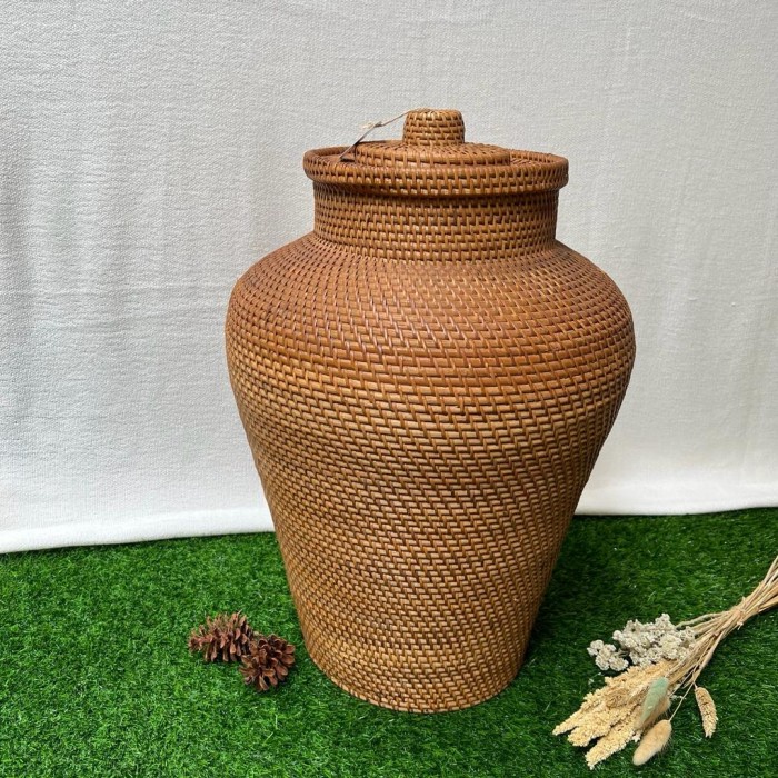 GUCI ROTAN TUTUP ESTETIK / HIASAN DEKORASI / GUCI ANYAMAN ROTAN GR02