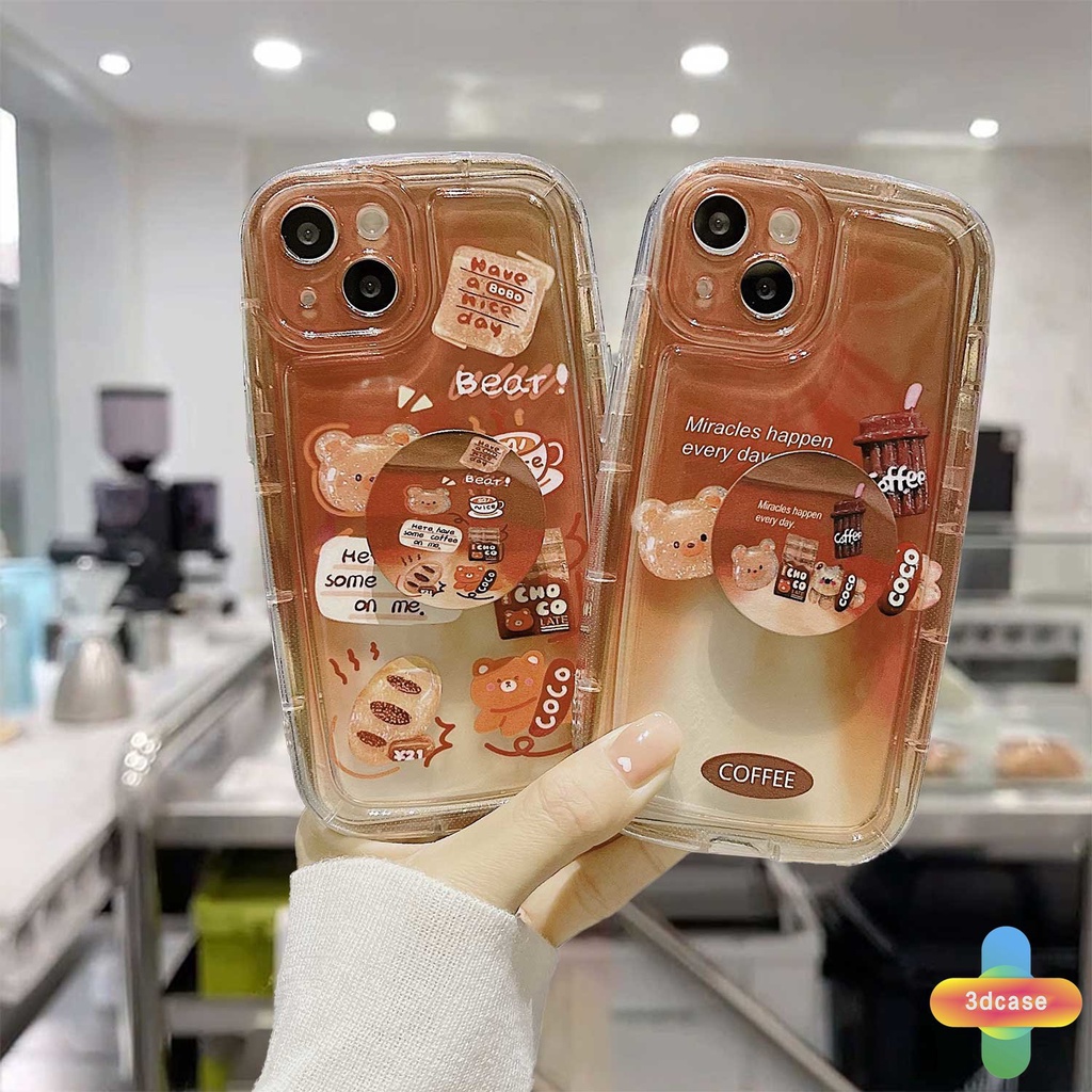 Compatible For Case IPhone 13 12 11 14 PRO MAX 6 7 6S 8 14 Plus X XR XS MAX 11 12 13 Se 2020 6SPlus 7Plus 6Plus 8Plus 14Plus XSMAX Gradual Cartoon Coffee Bear Transparent Soap Case With Stand