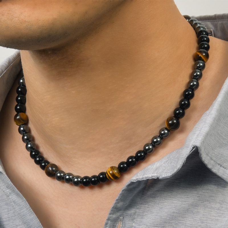 Kalung Manik-Manik Punk Tiger Eye Untuk Pria/Kepribadian Fashion Obsidian Hematite Pesona Kalung Perhiasan Aksesoris