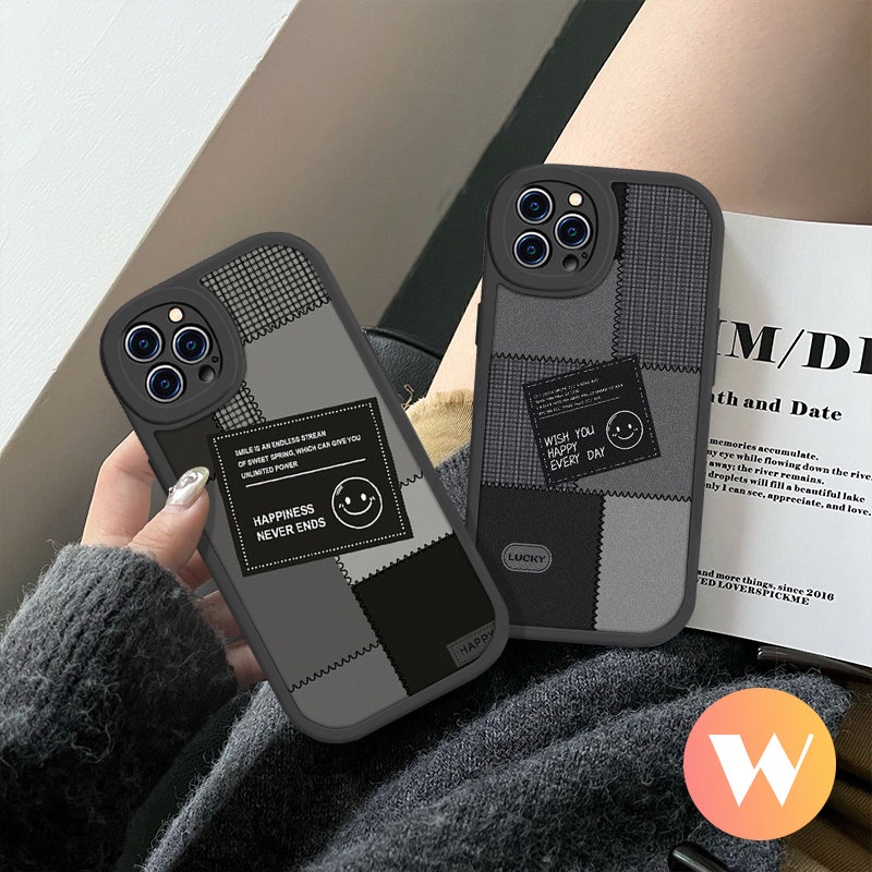 Couple Case Kompatibel Untuk iPhone 7Plus 13 11 12 14 Pro Max XR X XS Max 6s 78 6 Plus SE 2020 Ins Fashion Lucu Smiley Jahitan Label Hitam Lembut Tpu Phone Cover