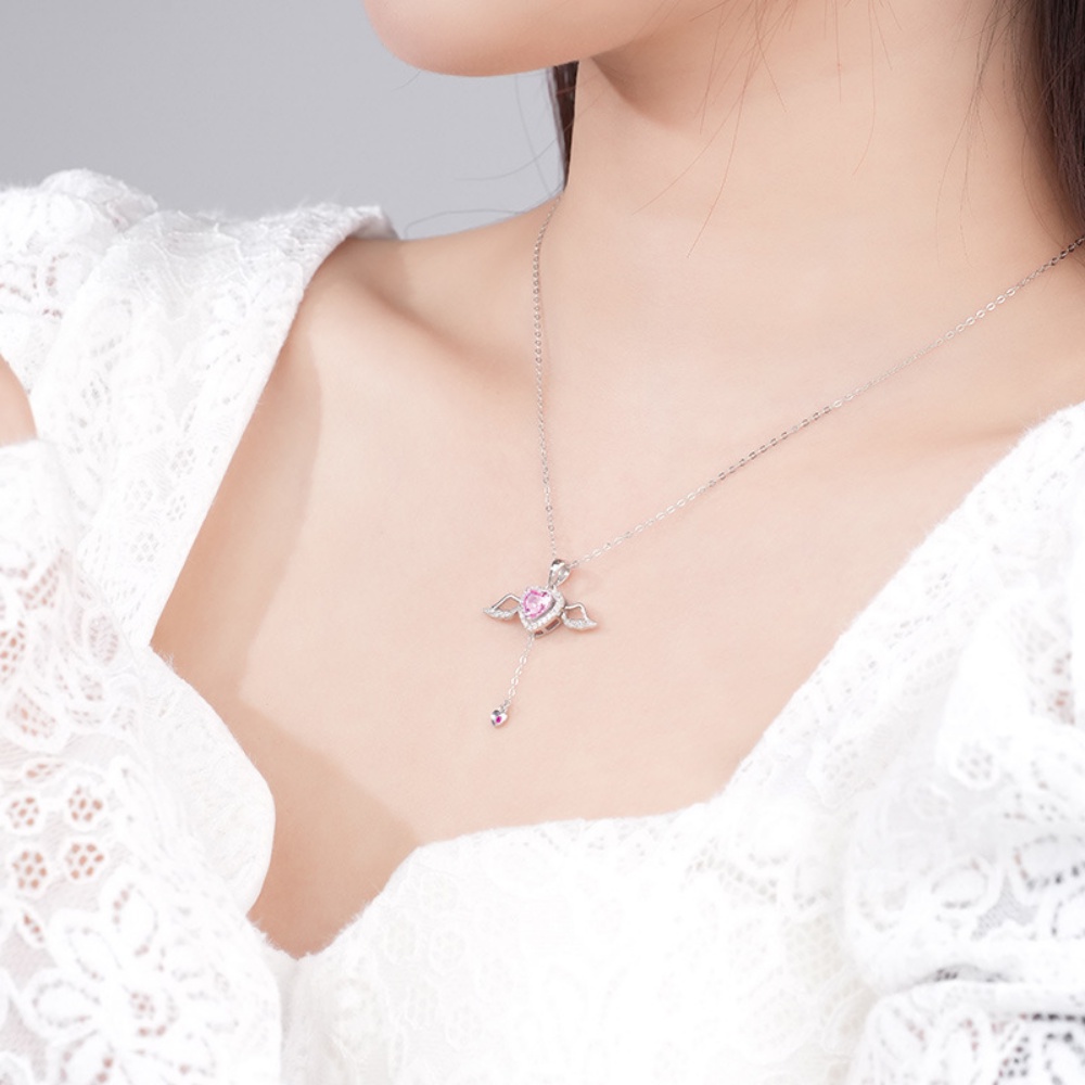 Deartiara Cupid's Heart Necklace Cinta Wanita Sayap Malaikat Bergerak Pinggiran Kerah Rantai Romantis Serbaguna Mewah