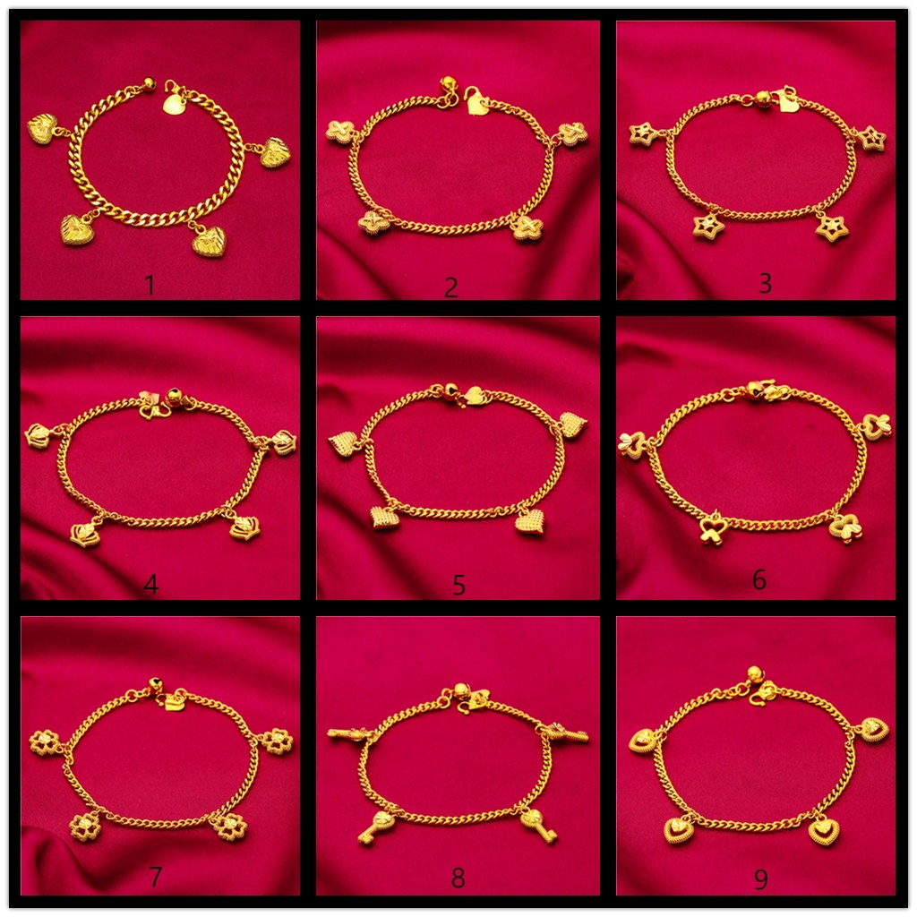 Goldkingdom Aksesoris Perhiasan Fashion Ready Stock Minimalis Lapis Emas 24k Gelang Wanita Cinta Manik-Manik Emas Bulat Merek Liontin Gelang Tipis