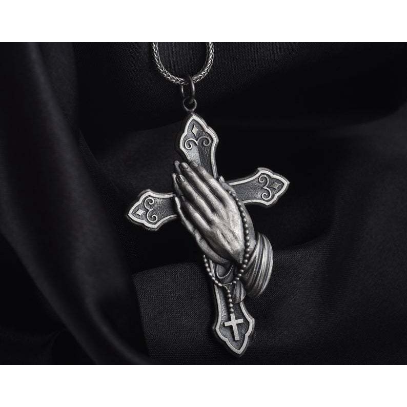 Goldkingdom Fashion Perhiasan Aksesoris Ready Stock Baru Dua Tangan Doa Salib Vintage Kalung Berlapis Eropa Dan Amerika925 Thai Perak Hitam Liontin