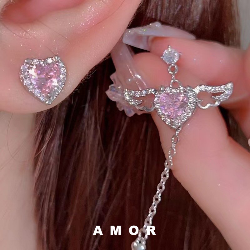 Pink glitter Berlian Cinta Sayap Malaikat Rumbai Anting-Anting Perempuan Manis Dingin Panas Gadis Angin Dingin Asimetris Anting Perasaan Bermutu Tinggi